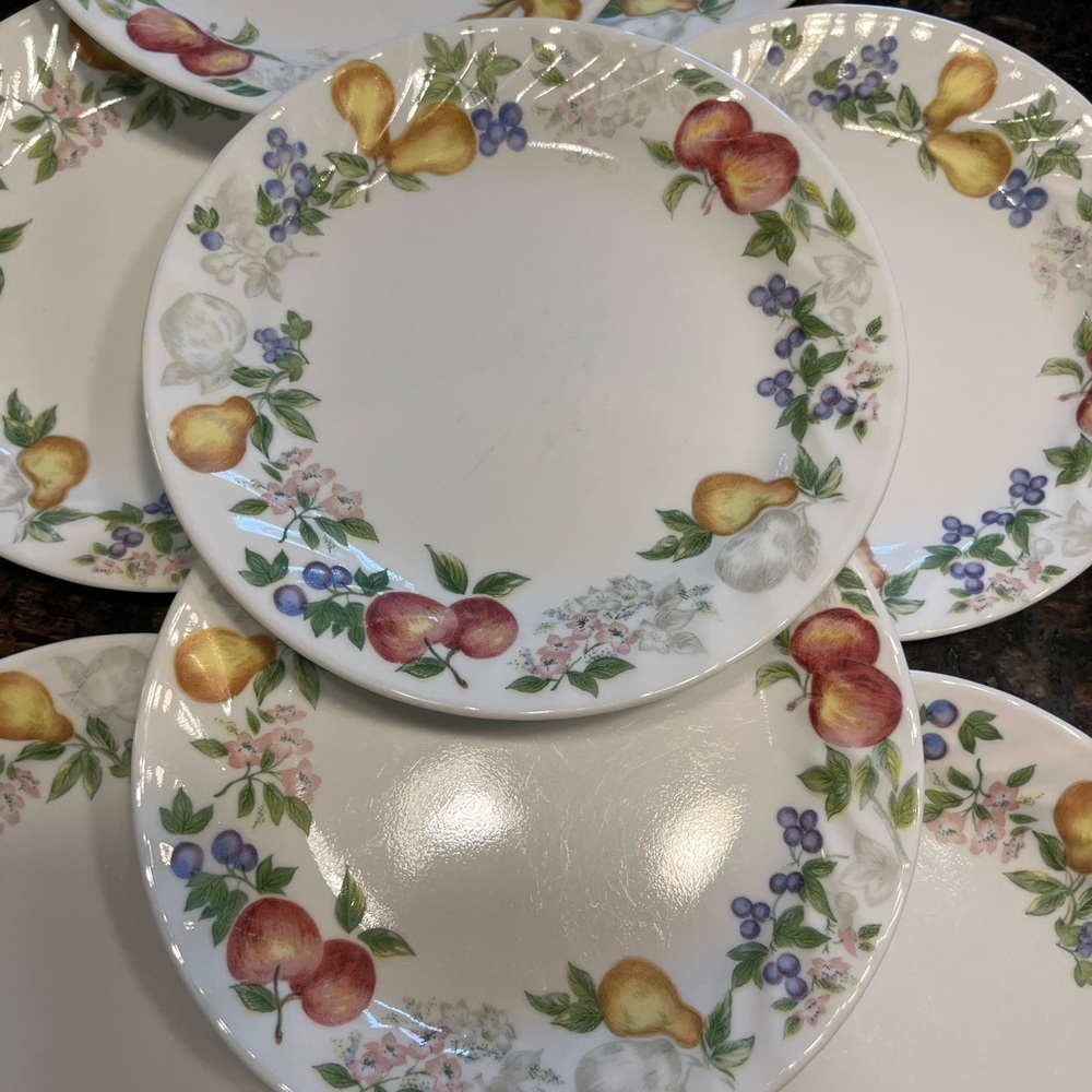 Corelle Chutney 4 - 7 1/8\" Salad Plates Set | Fruit Motif Swirl Rim Set of 4